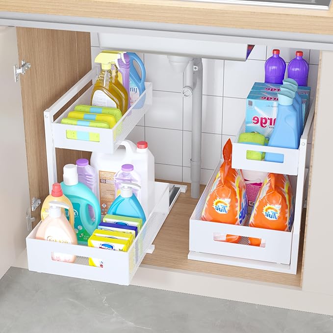 Pull-out Under Kitchen Sink Organizer, Metal Functional Under Sink Organizer, Height Adjustable Under Bathroom Sink Organizer, Under Sink Storage for Kitchen Bathroom Cabinet (White)