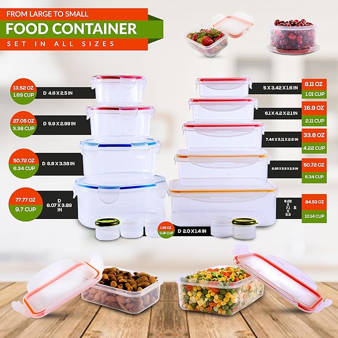 RFAQK 28 Pcs Food Storage Containers with Airtight Lids-(85OZ to 1.2OZ) 14 Clear Plastic Containers with 14 Lids-Large Meal Prep Fruits Containers for Kitchen-Freezer,Microwave and Dishwasher Safe