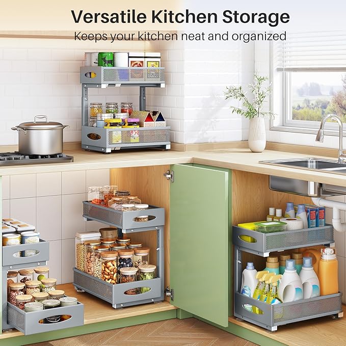 Under Sink Organizer, 2 Tier Pull out Cabinet Organizer Baskets with Mesh Sliding Drawers, Slide out Storage Shelf for Home, Kitchen, Bathroom, Pantry, Office, Countertop(1 Pack,Grey)