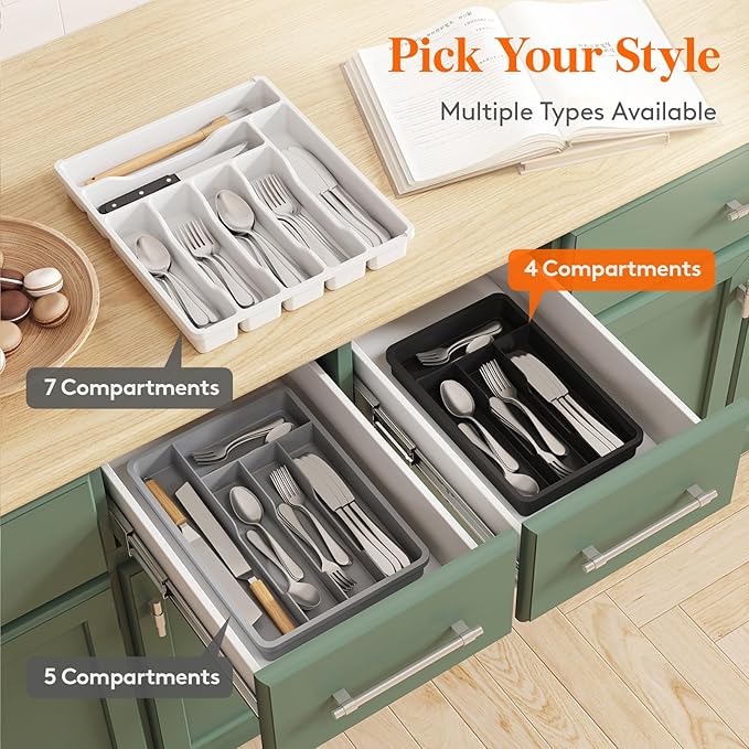 Lifewit Silverware Tray, Cutlery Drawer Organizer Storage for Kitchen, Plastic Flatware Utensil Holder Divider for Spoons Forks Knives Tableware, 4 Compartment, White