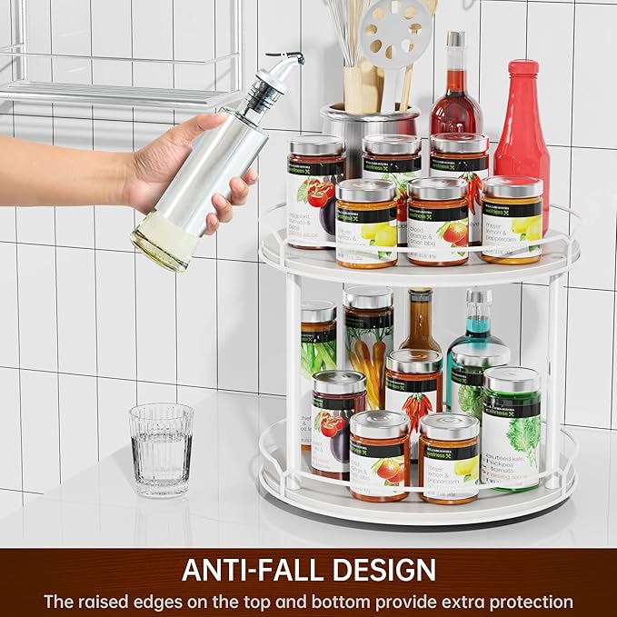 12.4" Lazy Susan Organizer 2 Tier - Rotating Spice Rack, Wooden Spinning Spice Holder for Inside Cabinet, Pantry, Kitchen, Countertop, Bathroom and Vanity, Versatile Storage (White)