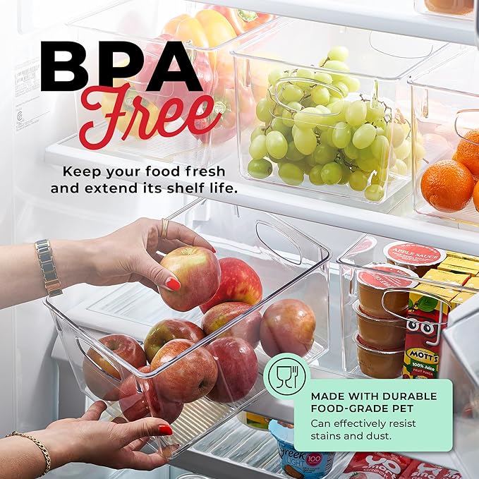 Clear Refrigerator Organizer Bins - Plastic Fridge Organizers - Storage Containers for Organizing Pantry, Cupboard, Cabinet, Freezer, Food, Fruit, Kitchen, Bathroom - Refrigerator Storage Bin set of 8