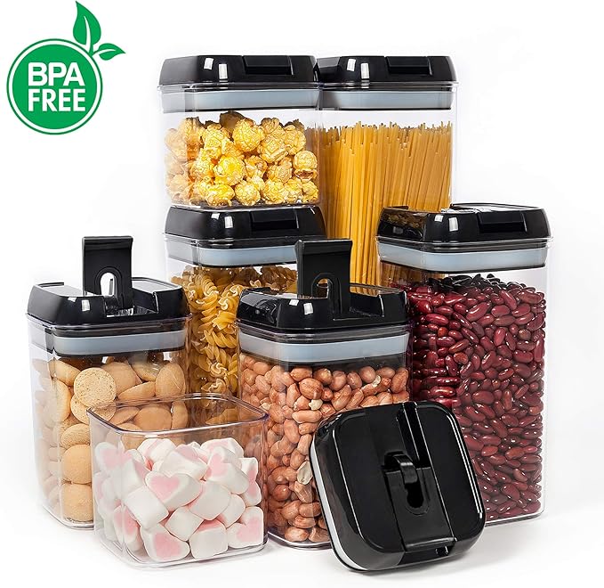 Vtopmart Airtight Food Storage Containers, 7 Pieces BPA Free Plastic Cereal Organizer Canisters with Easy Lock Lids, for Kitchen Pantry Organization, 24 Labels, Black