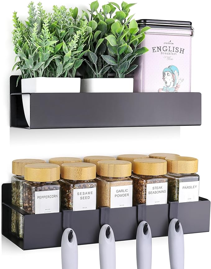 Magnetic Spice Rack for Refrigerator - Strong Magnetized Shelf for Fridge Storage - 2 Pack with 4 Moveable Hooks - Versatile Kitchen Organizer - Space-Saving Fridge Magnet Shelves