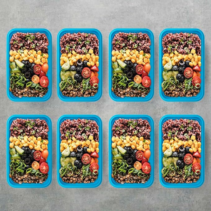 Collapsible Food Storage Containers with Lids, 8 Pack, 40 oz Silicone 1-Compartment Meal Prep Containers Reusable, Lunch Bento Boxes for Adults, Microwave Freezer Dishwasher Safe, BPA-Free, Blue