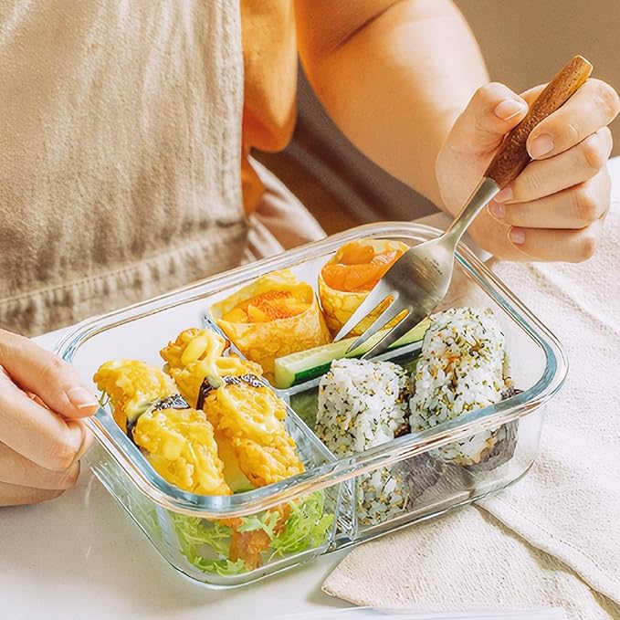 BAYZZ 5 Pack 35 Oz Glass Meal Prep Containers 3 Compartments, Glass Food Storage Containers with Lids, Airtight Bento Box Lunch Container-Microwave, Freezer, Dishwasher Safe,Green