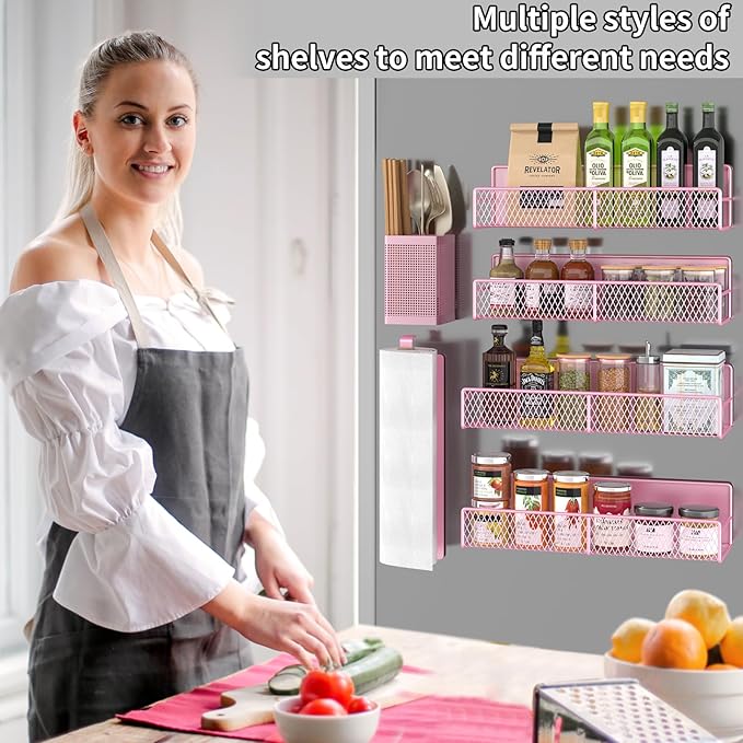 Magnetic Spice Rack for Refrigerator, 6 Pack Metal Magnetic Shelf Pink, Moveable Spice Organizer, Strong Magnetic Storage Fridge Organizer with Paper Towel Holder, Utensils Holder