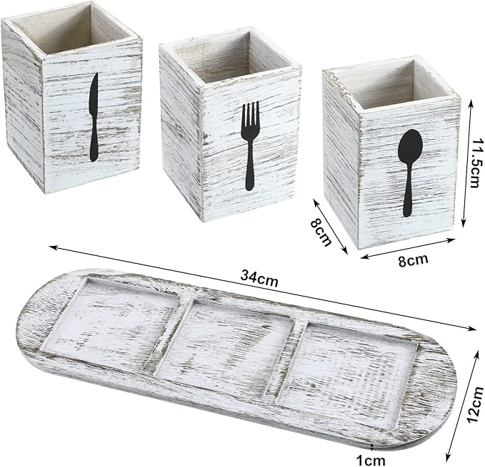 Kathfly 4 Pcs Silverware Caddy Utensil Holder for Countertop Silverware Organizer with Wood Tray Spoon Fork Holder 3. 15 x 3. 15 x 4. 53 Inches of Each Organizer for Kitchen Parties(Retro White)