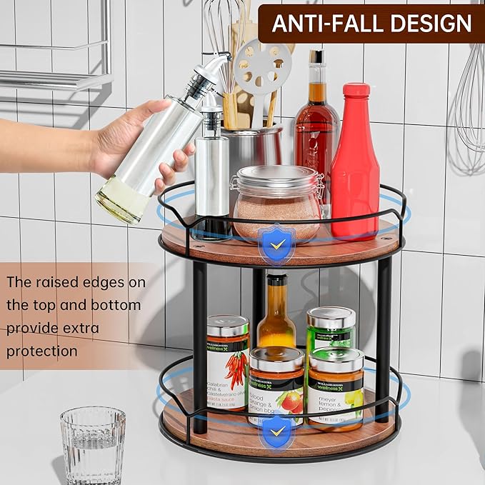 Lazy Susan Organizer 2 Tier - Turntable Spice Rack for Table Top, Wooden Rotating Lazy Susan for Cabinet Pantry Kitchen Countertop Dining Table Cupboard Bathroom Vanity Storage