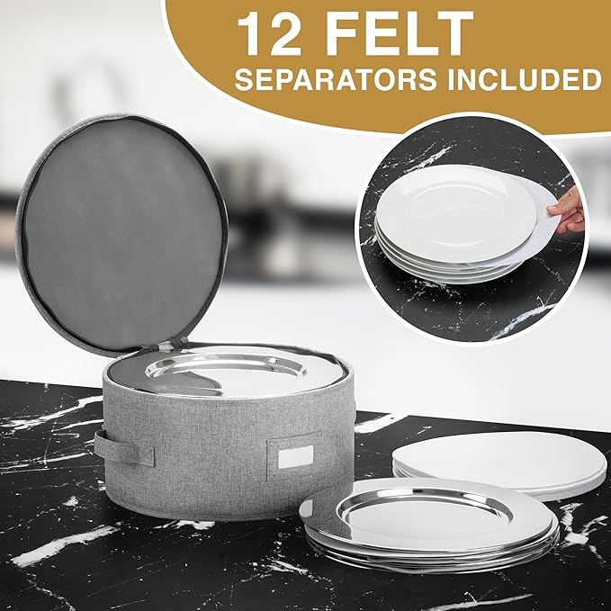China Storage Container for Charger Plate - Includes 12 Felt Dividers. Hard Shell and Stackable with Padded Interior. Great for Platters, Big Plates and Serving Dishes up to 12.5" W