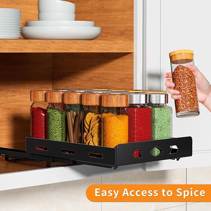 RCHYFEED Pull Out Spice Rack Organizer for Cabinet, Heavy Duty Slide Out Spice Rack for Inside Cabinets & Pantry, Kitchen Cabinet Seasoning Organizer Vertical Spice Racks,8.4" Wx10.5 Dx2.8 H,Black