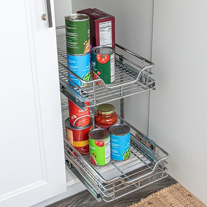 Household Essentials Glidez Slide Out Cabinet Organizer, 11.5” Wide, Durable Chrome-Plated Steel Frame,Dual Baskets & Smooth Glides,Heavy-Duty & Space-Optimizing,Simple Assembly & Installation, Chrome