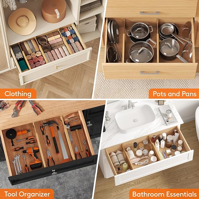 Lifewit 6 Pack Drawer Dividers Bamboo 6" High, 11-17" Adjustable Drawer Organizers for Clothes, Expandable Dresser Separators in Bedroom/Bathroom/Kitchen/Fridge/Office Organization and Storage