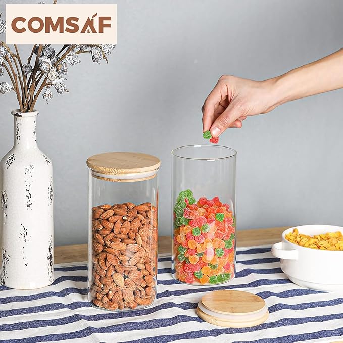 ComSaf Airtight Glass Storage Canister with Wood Lid(44oz), Set of 3 Glass Jars with Lids, Clear Food Storage Container Jar with Sealing Lids for Dry Food Cereal Oat Sugar Tea Coffee Beans, Round