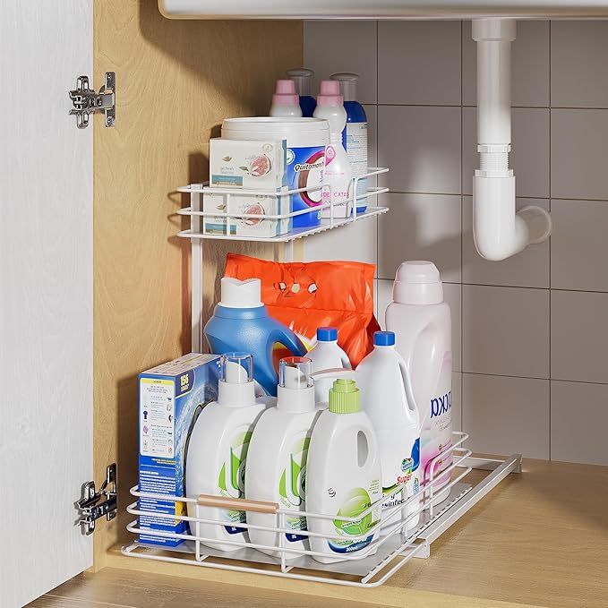 LAMU Under Sink Organizers and Storage, Pull Out Bathroom Kitchen Cabinet Organizers and Storage, 2-Tier White Under Sink Shelf Organizer Under Counter Storage Organizer
