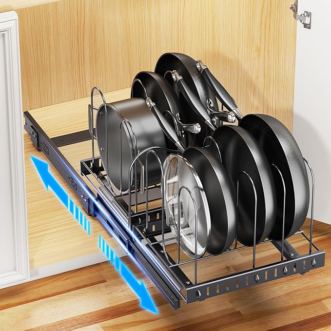 Pots and Pans Organizer for under Cabinet, Pull Out Pan Organizers inside Cabinet with Adjustable Dividers, Kitchen Cabinet Organizers and Storage for Cast-iron Pan, Cutting Board, Pot Lid