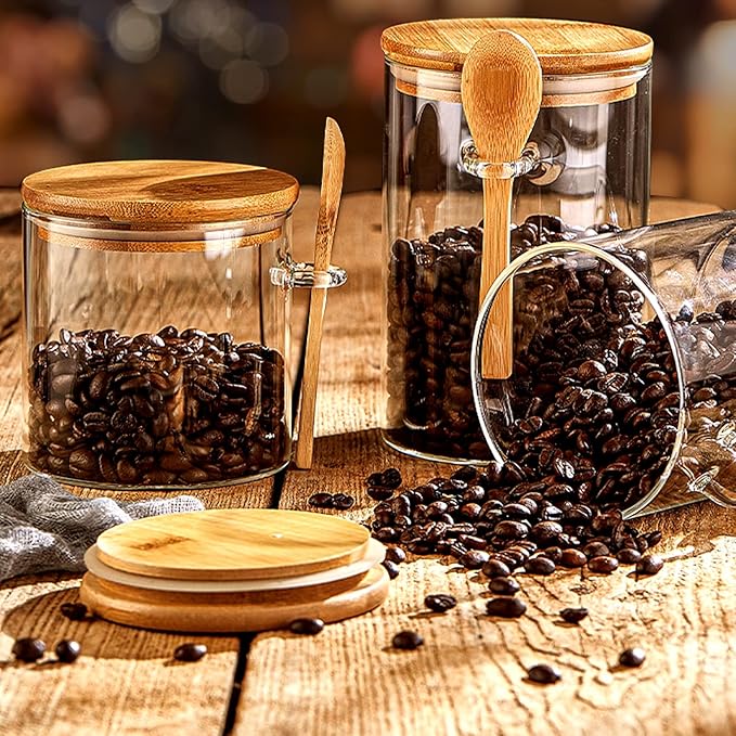 Glass Jar with Bamboo Lids,Overnight Oats Containers with Lids,Glass Food Storage Jars Containers,Kitchen Canisters for Candy,Cookie,Coffee,Sugar,Tea,Nuts,18.5oz/540ML(6PCS)