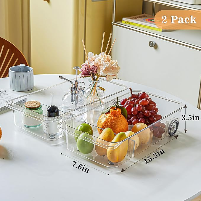 MANO 2 Pack Divided Rolling Refrigerator Tray Clear Roll Out Fridge Caddy Organizer with Wheels for Veggie Pantry Snackle Box Under Sink Bathroom Organizer and Storage Bins