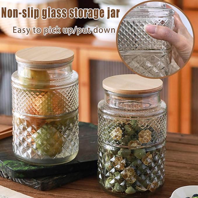 Vintage Glass Jar with Lid Wood Spoon 60 OZ Round Thick Glass Storage Jars Airtight Lids Decorative Canister Container for Food Candy Cookie Sugar Coffee Tea Nuts Snack Bath Salt