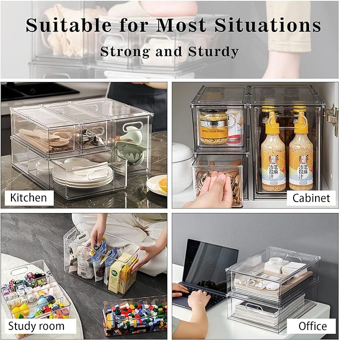 Mano Stackable Fridge Drawers Pull Out Bins with Handle Clear Refrigerator Drawers Organizer Food Storage Container Box with Dividers Plastic Produce Saver for Pantry, Cabinet, Kitchen, Clothes(7Pack)