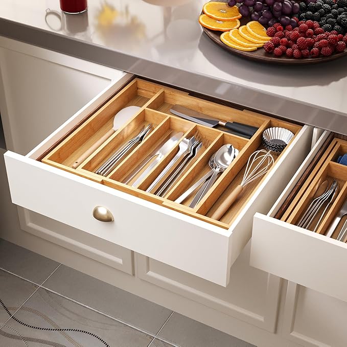 Expandable Kitchen Drawer Organizer,Bamboo Silverware Organizer for Utensils,Adjustable Flatware Tray(14.96 * 11.69~19.68 * 1.96)