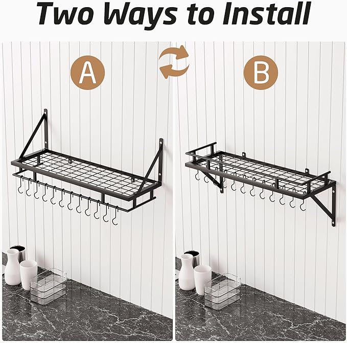 KES 30-Inch Kitchen Pan Pot Rack Wall Mounted Hanging Storage Organizer Wall Shelf with Hooks Matte Black, KUR215S75A-BK