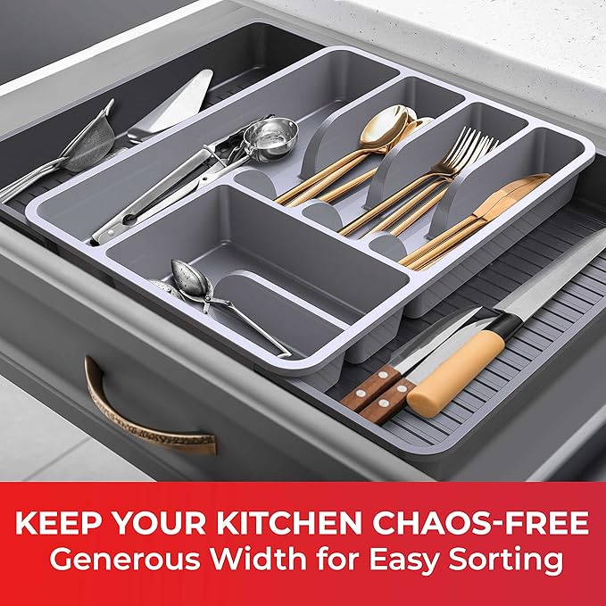 Mueller Flatware Kitchen Drawer Organizer, 19.7" x 15" Silverware Organizer, 6 Compartments, Heavy-Duty, Cutlery Tray for Utensils or Stuff, Dining Room, Living Room, Large, Grey