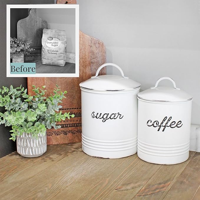 AuldHome Design Enamelware White Sugar Canister; Rustic Distressed Style Staples Storage for Kitchen
