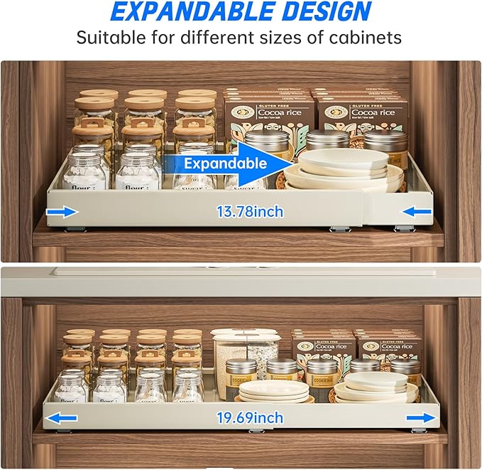 Pull Out Cabinet Organizer,Expandable(13.78''-19.69''),Strong load-bearing nano adhesive fixed metal shelf,Suitable for kitchen cabinets, sideboards, bathrooms, under sinks(16.9''Deep,White)