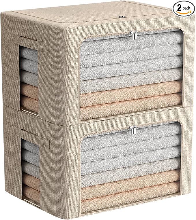 2 Pack Clear Window Storage Bins Foldable Fabric Storage Bins Boxes for Clothes Stackable Box Organizer Set with Carrying Handles (Beige, 22L,15.7x 11.8x 7.8 Inch)