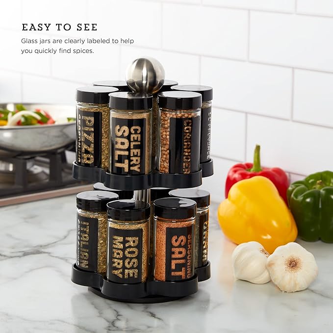 Kamenstein 12 Jar Madison Revolving Countertop Spice Rack with Spices Included, FREE Spice Refills for 5 years, Black Rack with Black Caps