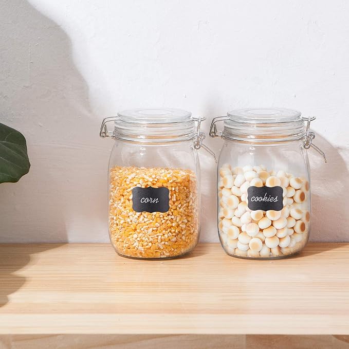 Glass Kitchen Storage Canister Mason Jars with Lids,32oz Airtight Glass Canister with Hinged Lid,Perfect for Kitchen Canning Cereal,Pasta,Sugar,Beans (Labels & Chalk Marker)-Set of 4