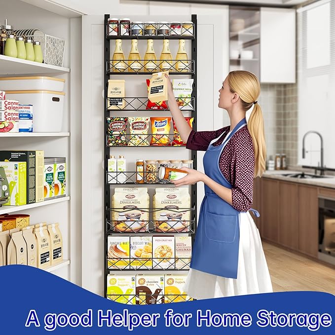 Over the Door Organizer, Black 8-Tier Pantry Door Organizer with Adjustable Basket, Hanging Spice Rack Cabinet Door Shelves, Laundry Room Organization and Storage