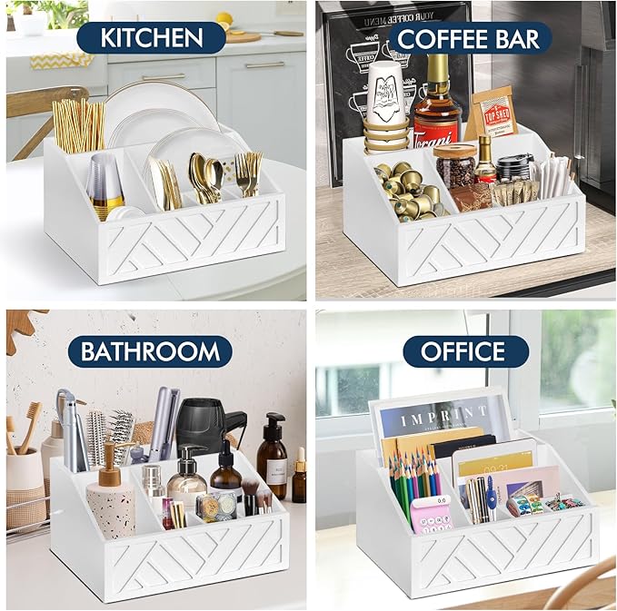 Paper Plate Dispenser, Paper Plate Holder for Kitchen Counter, Wood Rustic Silverware Utensil Caddy, Cutlery Flatware Organizer Box for Cups Spoons Forks Plates Napkins, Kitchen Accessories (White)