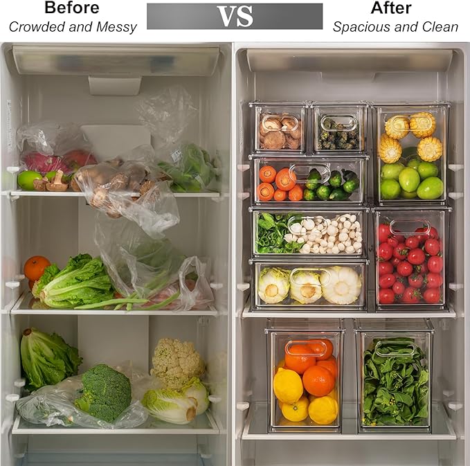 Taiuloo Stackable Refrigerator Organizer Bins with Pull-Out Drawer, Clear BPA-Free Food Storage Containers for Fridge Freezer, Kitchen Pantry Cabinet & Bathroom Vanity Organization, 9.51Quart