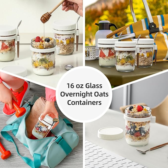LANDNEOO 6 Pack Overnight Oats Containers with Lids and Spoons, 16 oz Glass Mason Overnight Oats Jars, Large Capacity Airtight Jars for Milk, Cereal, Fruit(White)