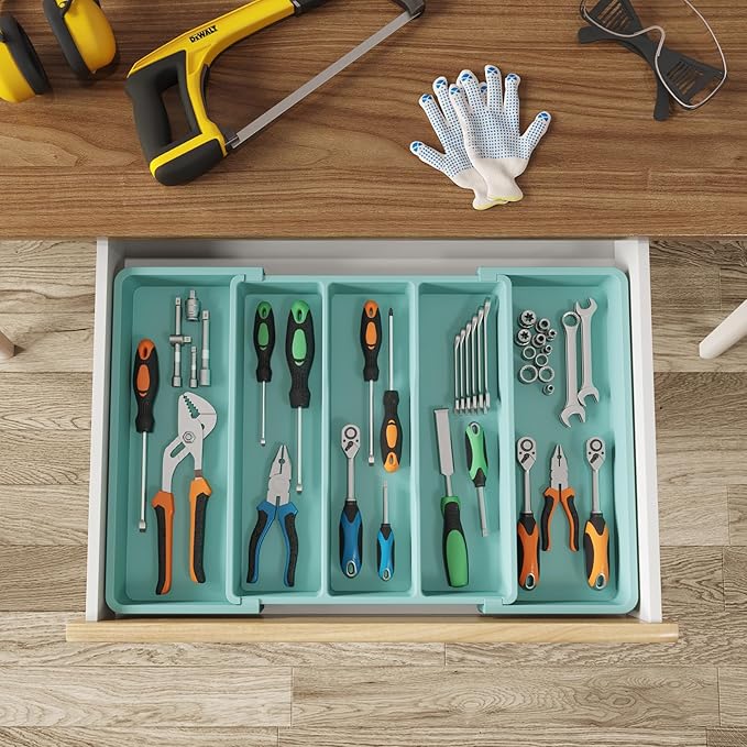 Lifewit Utensil Organizer for Kitchen Drawers, Expandable Cooking Utensil Tray, Adjustable Cutlery Silverware Flatware Holder, Plastic Spatula Tools and Gadgets Storage Divider, Large, Turquoise