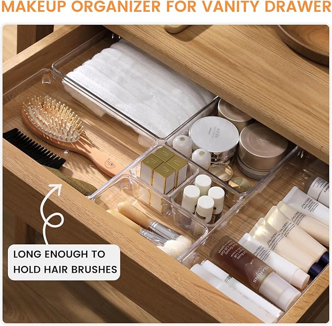 6 Pack Large Clear Plastic Drawer Organizer Trays, Acrylic Kitchen Drawer Organization and Storage Dividers, Non-Slip Storage Bins for Makeup, Kitchen Utensils, Bathroom, Jewelries and Office Desk