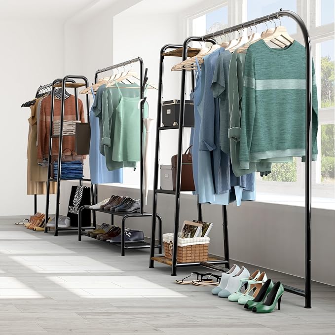 Simple Houseware Heavy Duty Clothing Garment Rack with 4 Shelves, Portable Closet Organizer for Hanging Clothes, Black