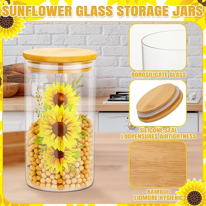 Layhit 3 Pcs Sunflower Glass Canister Set Clear Lemon Kitchen Storage Jars with Airtight Bamboo Lid for Coffee Bean Cookie Candy Tea Flour