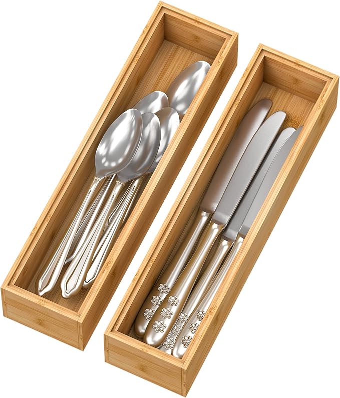 Bamboo Drawer Organizer Storage Box Kitchen - Wood Stackable Tray Set of 2 (12x3x2 inch)