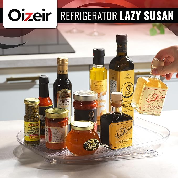 Oizeir Refrigerator Lazy Susan - Clear Rectangular Fridge Organizer - Turntable Tray Lazy Susan for Refrigerator - Cabinet & Pantry Organizer - Smooth 360° Rotating Swivel Spinning Fridge Shelf
