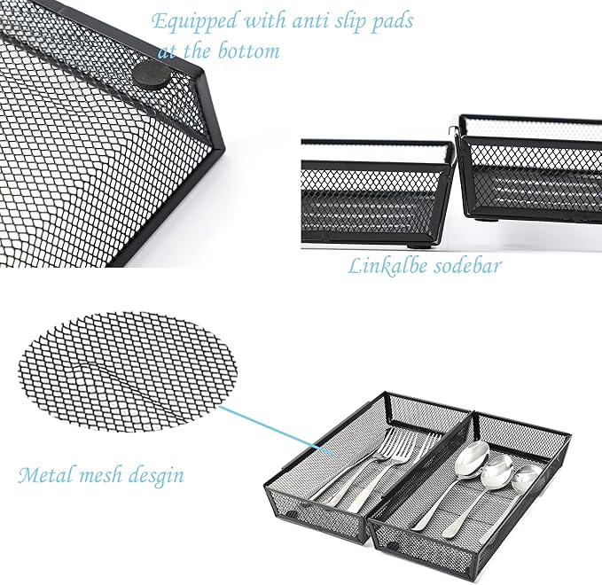 Silverware Organizer ,Mesh Cutlery silverware Tray for Drawer,Tool tray organizer,Utensil Flatware Tableware Organizer for Kitchen,Office,with Non-slip,Fits Standard Drawer,(6x12 IN) 6PSC,Black