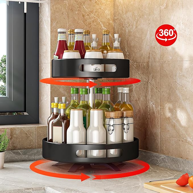 2 Tier Lazy Susan Organizer,Organizer Spice Rack for Kitchen Cabinet,Turntable Organizer for Cabinet Pantry Table Organization,12inch Black