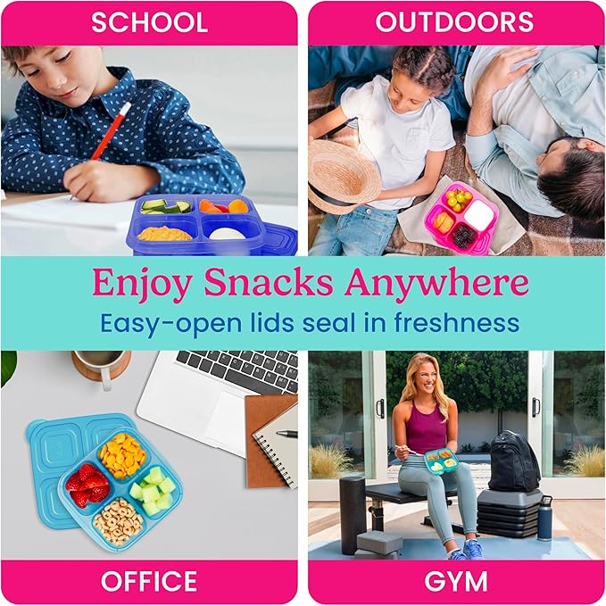 Bentgo Easyboxes 4-Compartment Snack Containers - 8-Piece Set with 4 Trays & 4 Custom-Fit Lids to Seal in Freshness - Reusable Food Storage & Meal Prep Bento BPA-Free Containers (Jewel Brights)