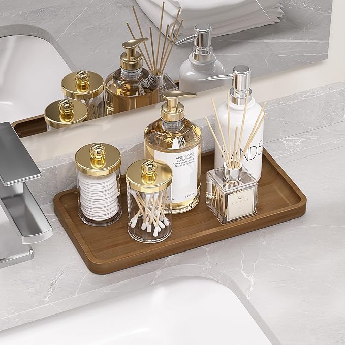 Weenson Bathroom Vanity Tray for Soap Dispenser, Perfume, Makeup, Dresser Jewelry, Decor, Candle, Bamboo Kitchen Tray for Counter Coffee Spice Salt Brown Toilet Tank Tray11.81”L x 6.1”W x 0.79”H