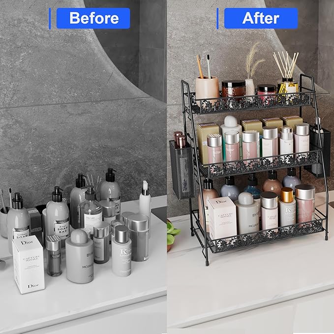 3-Tier Large Size Storage Rack,Counter Organiztion for Bathroom Countertop Organizer Shelf for Spice Racks for Kitchen/Sink/Bedroom/Living room/Office/Plant Rack with Two Metal Baskets
