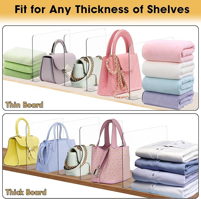 SSAWcasa Acrylic Shelf Dividers, 8 Pack Closet Organization Shelf Organizer for Any Thickness Wood Shelves, Clear Adjustable Purse Bag Sweater Shelving Separator for Bedroom Cabinet Office Storage