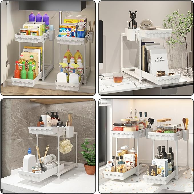 2 Pack Double Sliding Under Sink Organizers and Storage, 2 Tier Under Bathroom Cabinet Shelf Organizer with Hooks Hanging Cup, Home Organization, White