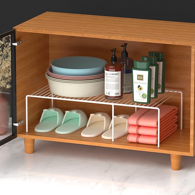 iPEGTOP Expandable Freezer Cabinet Storage Shelf, 2 Pieces Rustproof Spice Rack, Adjustable Kitchen Organizer Counter Fridge Pantry Shelf Space Saver (White)